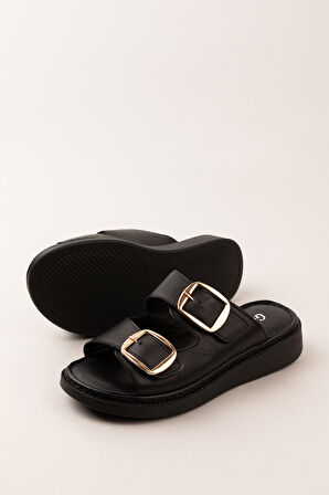 Gondol Kadın Hakiki Deri Çift Tokalı Gizli Cırtlı Günlük Rahat Terlik usl.2475 - Siyah - 41