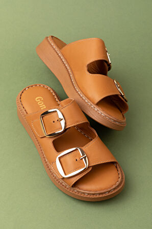 Gondol Kadın Hakiki Deri Çift Tokalı Gizli Cırtlı Günlük Rahat Terlik usl.2475 - Taba - 39