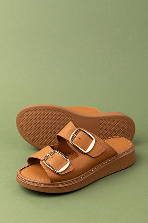 Gondol Kadın Hakiki Deri Çift Tokalı Gizli Cırtlı Günlük Rahat Terlik usl.2475 - Taba - 39