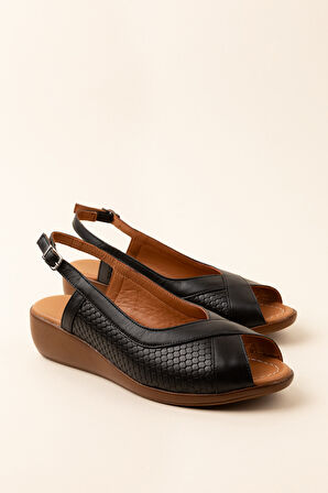 Gondol Hakiki Deri Dolgu Topuklu Rahat Anne Sandalet mlk.5812 - Siyah - 37