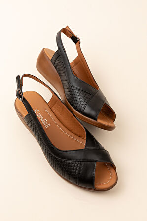 Gondol Hakiki Deri Dolgu Topuklu Rahat Anne Sandalet mlk.5812 - Siyah - 37