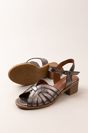 Gondol Kadın Hakiki Deri Orta Topuklu Günlük Şık Sandalet anl.3363 - Antrasit - 38