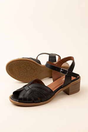 Gondol Kadın Hakiki Deri Orta Topuklu Günlük Şık Sandalet anl.3363 - Siyah - 42