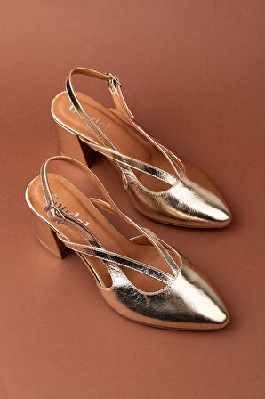 Gondol Kadın Hakiki Deri Şık Kalın Topkulu Ayakkabı anl.3361 - Altın - 36