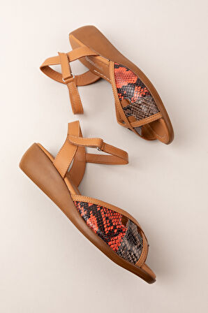 Gondol Hakiki Deri Dolgu Topuklu Rahat Anne Sandalet mlk.5832 - Taba Kombin - 36