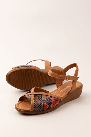 Gondol Hakiki Deri Dolgu Topuklu Rahat Anne Sandalet mlk.5832 - Taba Kombin - 36