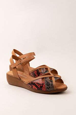 Gondol Hakiki Deri Dolgu Topuklu Rahat Anne Sandalet mlk.5832 - Taba Kombin - 41