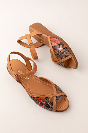 Gondol Hakiki Deri Dolgu Topuklu Rahat Anne Sandalet mlk.5832 - Taba Kombin - 41