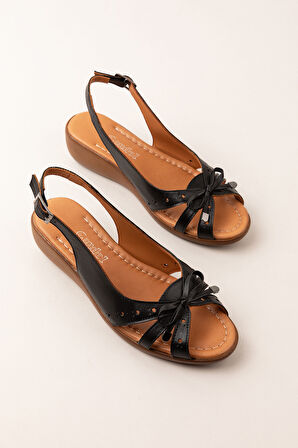 Gondol Hakiki Deri Dolgu Topuklu Rahat Anne Sandalet mlk.5829 - Siyah - 41