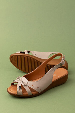 Gondol Hakiki Deri Dolgu Topuklu Rahat Anne Sandalet mlk.5829 - Vizon - 40