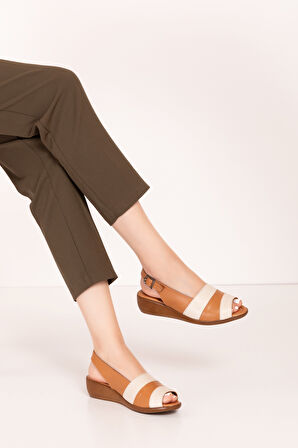 Gondol Hakiki Deri Dolgu Topuklu Rahat Anne Sandalet mlk.5814 - Taba Kombin - 36