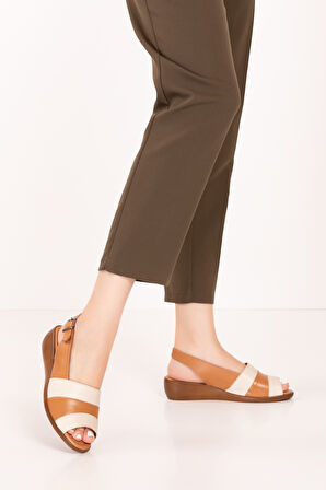 Gondol Hakiki Deri Dolgu Topuklu Rahat Anne Sandalet mlk.5814 - Taba Kombin - 39