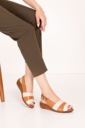 Gondol Hakiki Deri Dolgu Topuklu Rahat Anne Sandalet mlk.5814 - Taba Kombin - 39