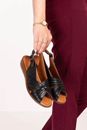 Gondol Hakiki Deri Dolgu Topuklu Rahat Anne Sandalet mlk.5813 - Siyah - 37