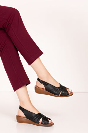 Gondol Hakiki Deri Dolgu Topuklu Rahat Anne Sandalet mlk.5813 - Siyah - 39