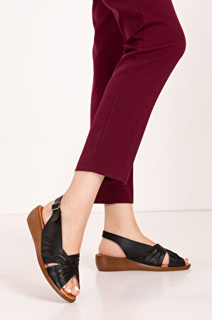 Gondol Hakiki Deri Dolgu Topuklu Rahat Anne Sandalet mlk.5813 - Siyah - 39