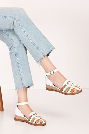 Gondol Kadın Hakiki Deri El Örgüsü Özel Hasır Sargılı Sandalet ell.7249 - Beyaz Kombin - 41