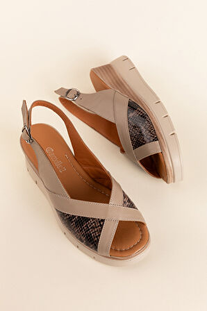 Gondol Hakiki Deri Renkli Kombin Dolgu Topuklu Sandalet mlk.5807 - Vizon - 40