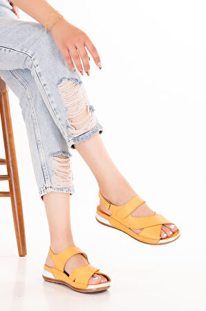 Gondol Kadın Hakiki Deri Anatomik Taban Sandalet iz.4601 - Sarı - 36