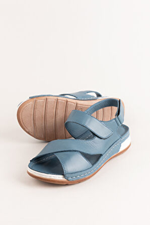 Gondol Kadın Hakiki Deri Anatomik Taban Sandalet iz.4601 - Mavi - 38