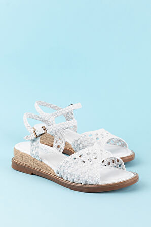 Gondol Kadın Hakiki Deri El Örgüsü Özel Hasır Sargılı Sandalet ell.7245 - Beyaz - 39