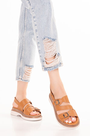 Gondol Kadın Hakiki Deri Şık Gümlük Rahat Sandalet ez.6122 - Taba - 39