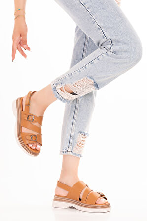 Gondol Kadın Hakiki Deri Şık Gümlük Rahat Sandalet ez.6122 - Taba - 39