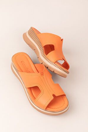 Gondol Kadın Hakiki Deri Şık Günlük Rahat Terlik ez.2565 - Turuncu - 36