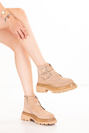 Gondol Kadın Hakiki Deri Tokalı Şık Hafif Bot Rosalie - Bej Süet - 40