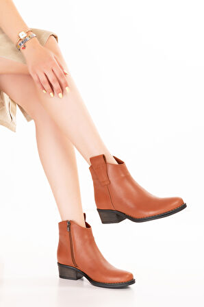 Gondol Hakiki Deri Günlük Kısa Topuklu Şık Bot Beatrix - Taba - 40