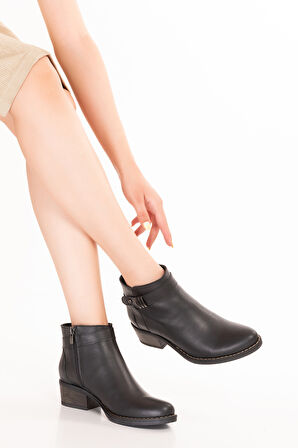 Gondol Hakiki Deri Günlük Kısa Topuklu Şık Bot Belinda - Siyah - 37