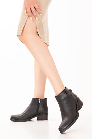 Gondol Hakiki Deri Günlük Kısa Topuklu Şık Bot Belinda - Siyah - 37