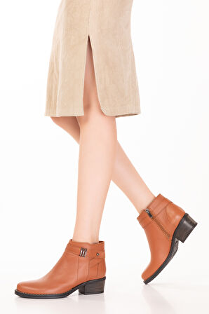 Gondol Hakiki Deri Günlük Kısa Topuklu Şık Bot Belinda - Taba - 38