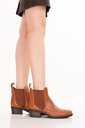 Gondol Hakiki Deri Günlük Kısa Topuklu Şık Bot Berenice - Taba - 38