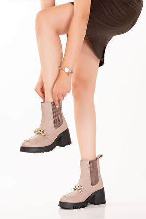 Gondol Hakiki Deri Kalın Topuklu Kauçuk Taban Şık Bot Benna - Bej - 39