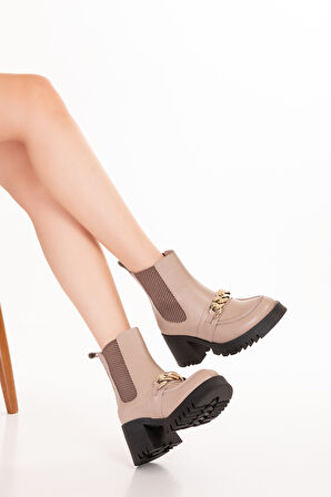 Gondol Hakiki Deri Kalın Topuklu Kauçuk Taban Şık Bot Benna - Bej - 39