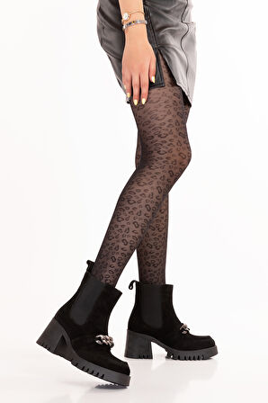 Gondol Hakiki Deri Kalın Topuklu Kauçuk Taban Şık Bot Benna - Siyah Süet - 36