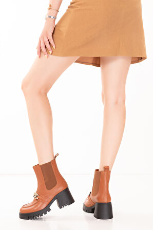 Gondol Hakiki Deri Kalın Topuklu Kauçuk Taban Şık Bot Benna - Taba - 36