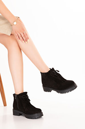 Gondol Hakiki Deri Kauçuk Taban Şık Bot Bellora - Siyah Süet - 39