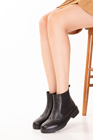 Gondol Kadın Hakiki Deri Yanları Lastikli Şık Bot Waleska - Siyah - 38