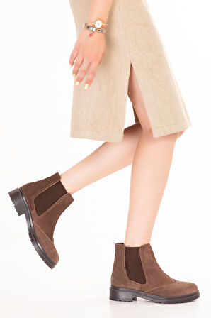 Gondol Kadın Hakiki Deri Yanları Lastikli Şık Bot Waleska - Vizon Süet - 36