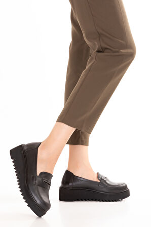 Gondol Hakiki Deri Dolgu Topuklu Şık Ayakkabı ast.8401 - Siyah Cilt - 38