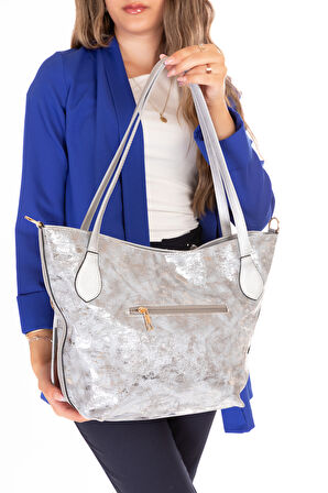 Gondol Kadın Çift Bölmeli El ve Omuz Çantası ars.856 - Gümüş - TEK EBAT