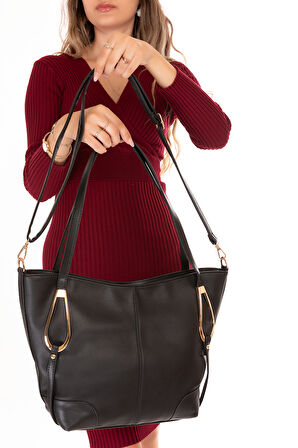 Gondol Kadın Çift Bölmeli El ve Omuz Çantası ars.856 - Siyah - TEK EBAT