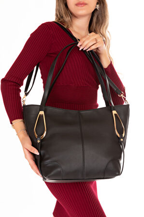 Gondol Kadın Çift Bölmeli El ve Omuz Çantası ars.856 - Siyah - TEK EBAT