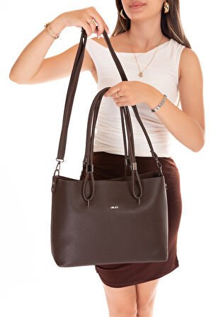 Gondol Kadın Çift Bölmeli El ve Omuz Çantası ald.6753 - Kahverengi - TEK EBAT