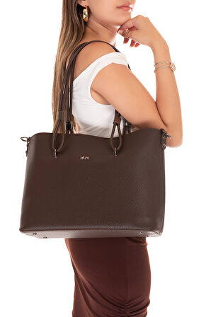 Gondol Kadın Çift Bölmeli El ve Omuz Çantası ald.6753 - Kahverengi - TEK EBAT