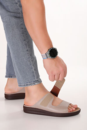 Gondol Erkek Hakiki Deri Tabanı Çıkabilen Özel Cırtlı Terlik rl.5302 - Vizon - 40