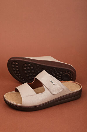 Gondol Erkek Hakiki Deri Tabanı Çıkabilen Özel Cırtlı Terlik rl.5302 - Vizon - 40