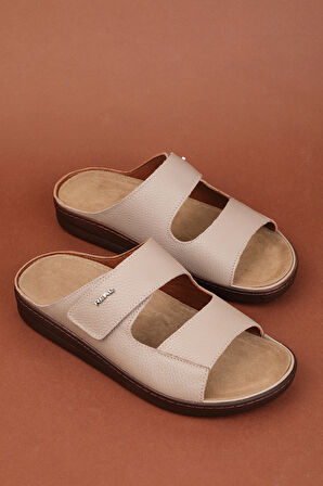 Gondol Erkek Hakiki Deri Tabanı Çıkabilen Özel Cırtlı Terlik rl.5302 - Vizon - 40